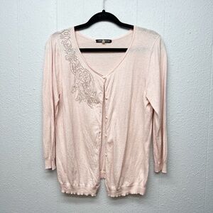 Cable & Gauge Soft Pink Beaded Womens Cardigan Sweater Medium Workwear Soft Girl